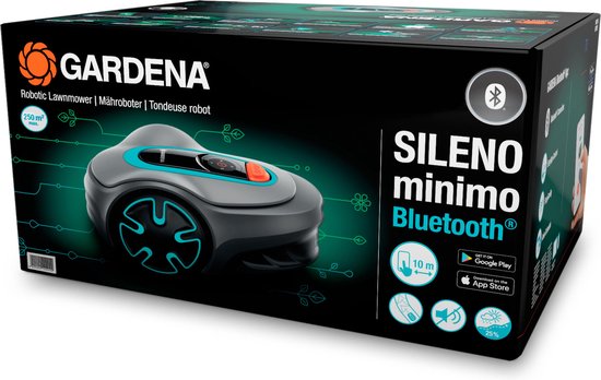 Doos van GARDENA SILENO minimo robotmaaier met afbeelding van de maaier, 250m² en Bluetooth.