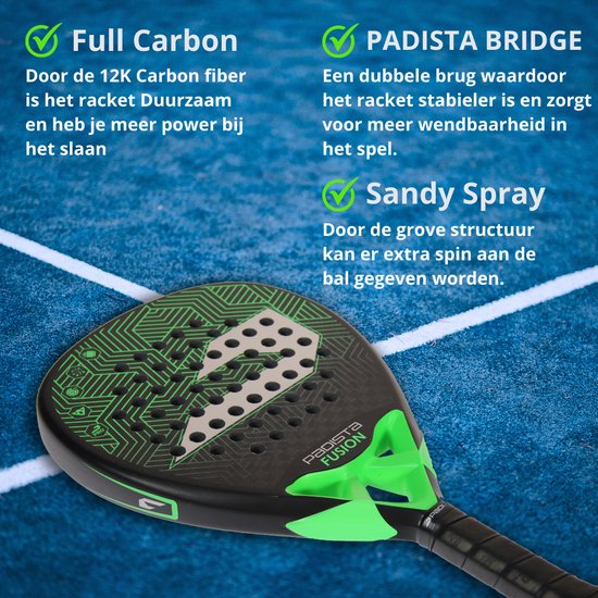 Padista Fusion Padel racket - Padel - 12K Carbon - Groen - Sandy Spray - Druppelvorm - Black EVA Foam - Incl. padeltas