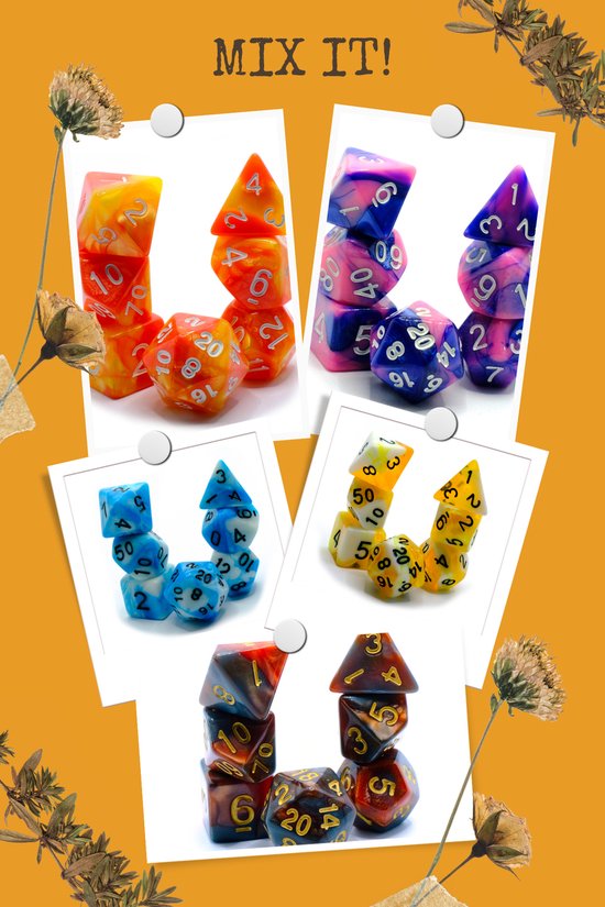 Set de mélange - Cinq dés Polysets | Dés - 5 jeux de 7 pièces | Pour D&D et autres Jeux de rôle | Jeux de Dés en plastique pour Dungeons and Dragons | Jeux de dés polyédriques | Sacs à dés Plus