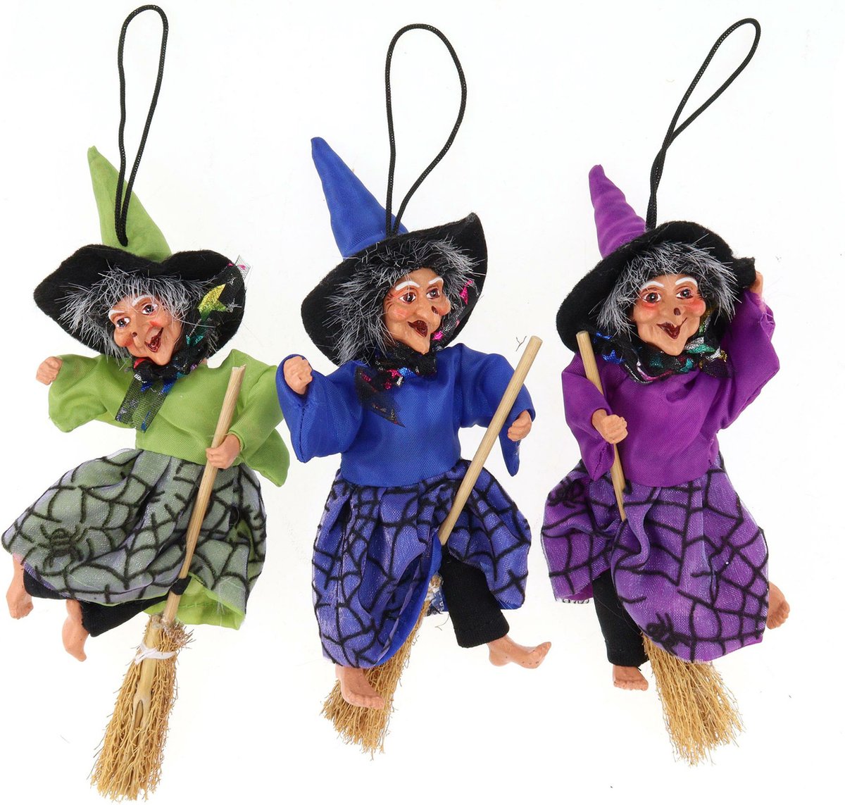 Décoration Halloween horreur poupée sorcière sur balai - 25 cm - noir/violet  