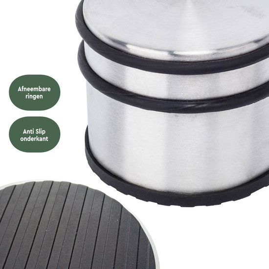Close-up van RVS deurstopper met twee afneembare rubberen ringen en anti-slip onderkant.