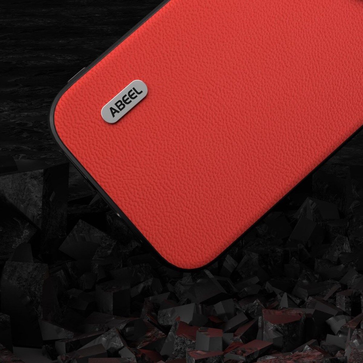 ABEEL Hoesje Geschikt voor Apple iPhone 15 - Back Cover met Litchi Textuur - Echt Leer Case - Rood