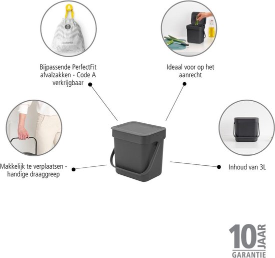 Brabantia Sort & Go bac à déchets 3 litres - Dark Grey