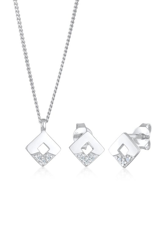 Elli PREMIUM Dames Sieraden Set Dames Vierkante Hanger Geo Set Oor Hanger met Diamanten (0.045 ct.) in 925 Sterling Zilver