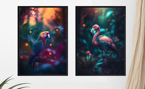 Posterset Flamingo en Papegaai in Botanische Jungle. Prachtige kleurrijke poster - 50x70cm met zwarte kunststof wissellijst