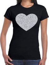 Zilveren hart glitter t-shirt zwart dames - dames shirt hart van zilver XXL
