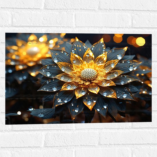 Muursticker - Closeup - Bloem - Druppels - Goud - 60x40 cm Foto op Muursticker