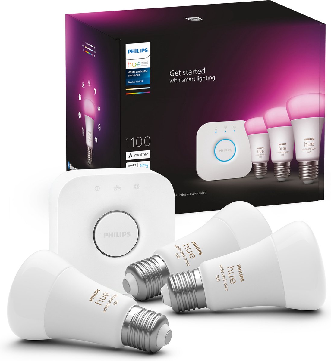 Bol.com Philips Hue starterkit - wit en gekleurd - 3 lampen - E27 - 1100lm aanbieding