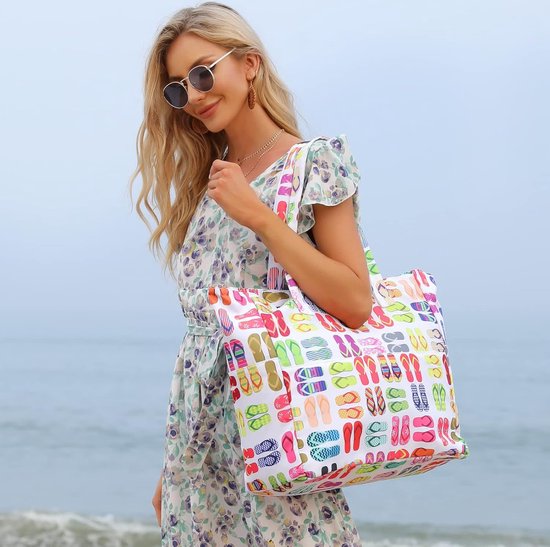 LOIDOU Grand Sac De Plage Femme - Sac Fourre-Tout Étanche Avec Compartiment Humide, Poches à Fermeture Éclair - Pour Piscine, Gym, Voyage