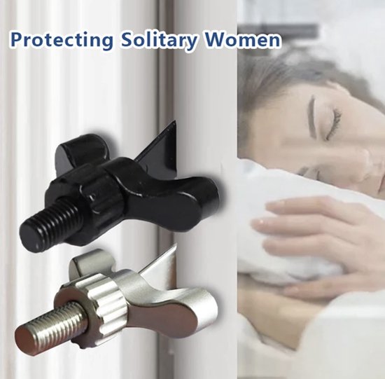 Zwart en zilverkleurig deurslot met vleugelmoer, op een achtergrond met slapende vrouw en tekst 'Protecting Solitary Women'.