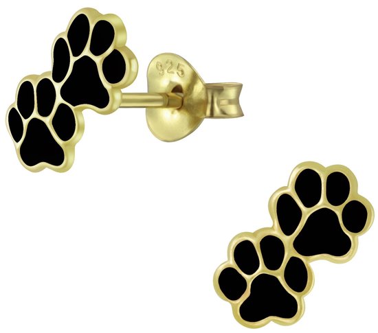 Joy|S - Zilveren kat hond dierenpoot oorbellen - 9 x 5 mm - zwart - 14k goudplating