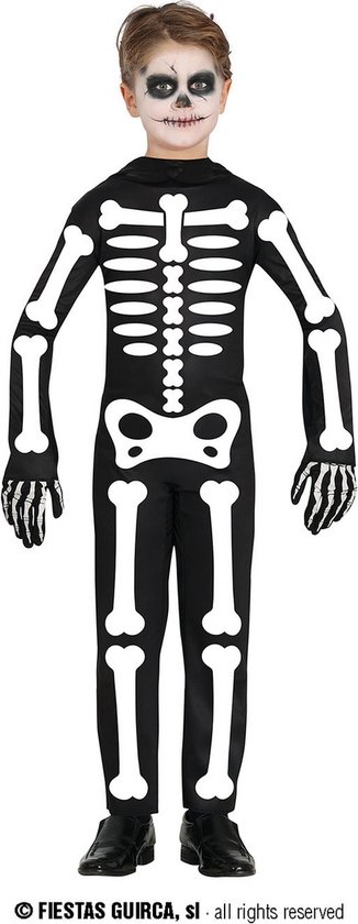 Guirca - Spook & Skelet Kostuum - Wandelend Bottenlijf Skelet Kind Kostuum - Zwart / Wit - 5 - 6 jaar - Halloween - Verkleedkleding