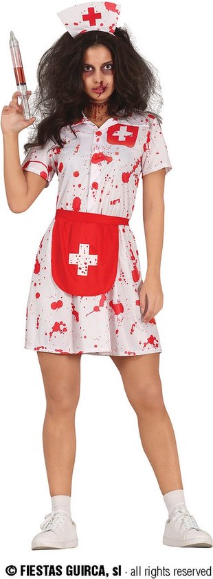 Guirca - Verpleegster & Masseuse Kostuum - Verpleegster Riet Bloedvergiet - Vrouw - Rood, Wit / Beige - Maat 38-40 - Halloween - Verkleedkleding