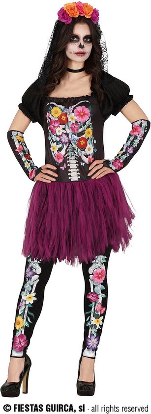 Guirca - Spaans & Mexicaans Kostuum - Vol Van Bloemen Skelet Florentina - Vrouw - Paars, Zwart - Maat 38-40 - Halloween - Verkleedkleding