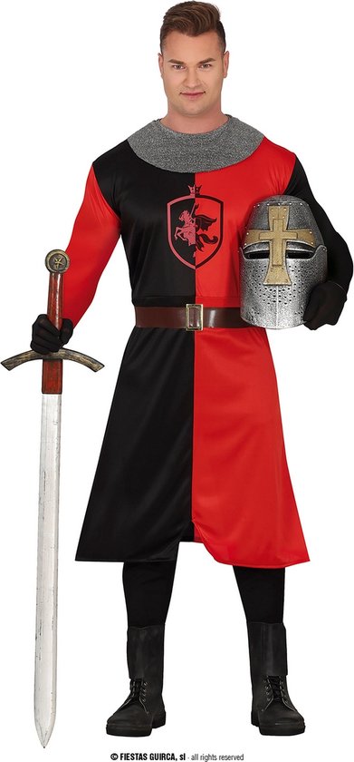 Guirca - Middeleeuwse & Renaissance Strijders Kostuum - Middeleeuwse Ridder Of The Night - Man - Rood, Zwart - Maat 48-50 - Carnavalskleding - Verkleedkleding