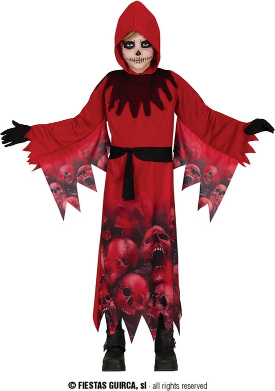 Guirca - Beul & Magere Hein Kostuum - Huilende Schedels Grim Reaper Rood Kind Kostuum - Rood - 5 - 6 jaar - Halloween - Verkleedkleding