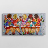 5 Feestende dikke dames | Vrolijk Schilderij | 100x50cm | Dikte 4 cm | Canvas schilderijen woonkamer | Wanddecoratie | Schilderij op canvas | Kunst | Corrie Leushuis