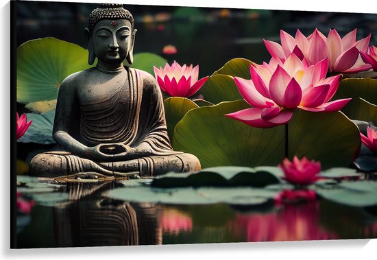 Canvas - Buddha - Waterlelies - Bloemen - Bladeren - Water - 120x80 cm Foto op Canvas Schilderij (Wanddecoratie op Canvas)