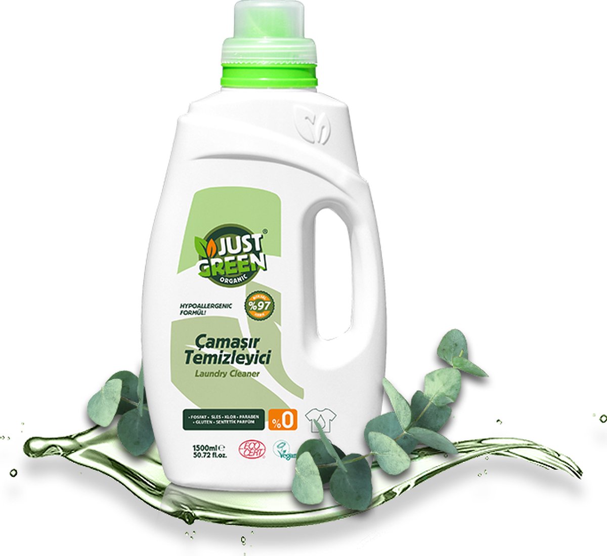 Just Green Organic Laundry Liquid 1500ml, Non-Toxic Formula, Vegan & Eco-Friendly Washing Liquid Detergent, Safe Baby Detergent, Recyclable Packaging