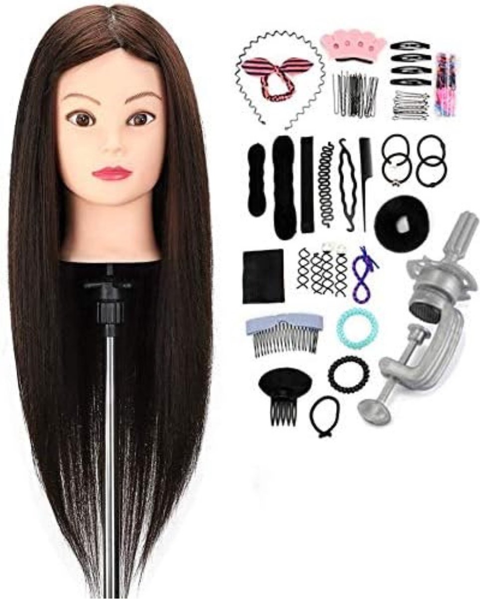 Kleyn - Oefenhoofd Kappershoofd - Oefenpop Kapper - Echt Haar - Zwart - Incl. Accessoires