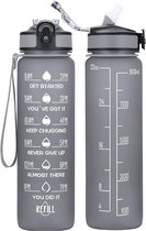 BOTC Gourde - 1000 ml - Sans BPA - Tritan - Gourde avec Paille - Gourde avec Time Mark - Zwart