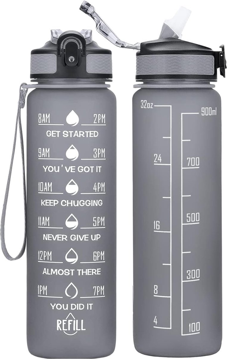 BOTC Waterfles - 1000ml - BPA vrij - Tritan - Waterfles met Rietje - Waterfles met tijdmarkering - Zwart
