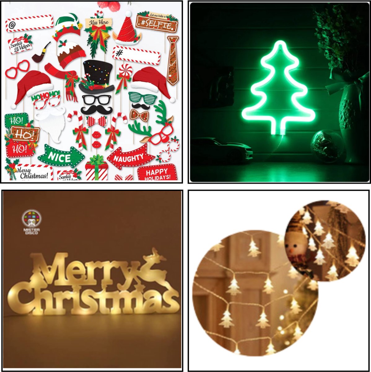 Kerstpakket - Kerstverlichting - Kerst Photobooth - Neon - AAA batterij - Set van 4 stuks