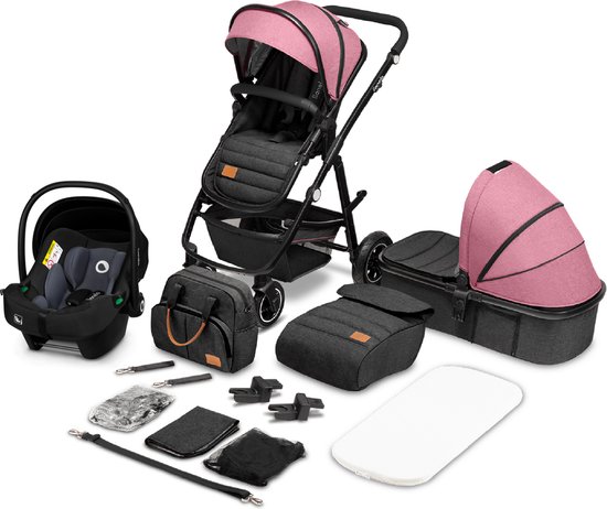 Lionelo Amber 3 in 1 Kinderwagen 3in1 — Reiswieg Buggy Baby Autostoel — ADAC geteste set — Vanaf geboorte (0-22 kg, tot 4 jaar) — Geveerde Pompwielen — Zacht Babymatras — Compact Snel Opvouwbaar — Babytas — Regenscherm — Insectennet — Autostoeltje