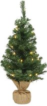 Volle kleine/mini kerstbomen groen in jute zak met verlichting 60 cm - Kunst kerstbomen / kunstbomen