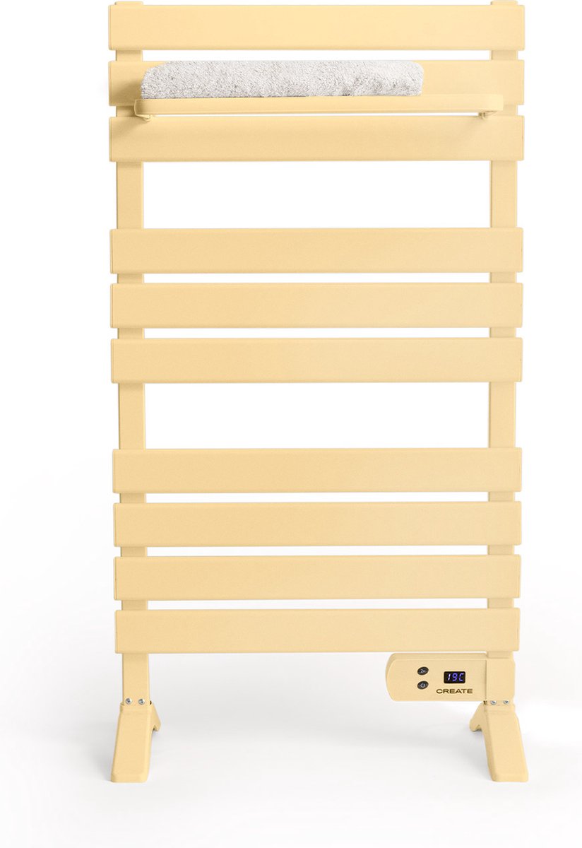 CREATE - Elektrische handdoekhouder voor op de vloer of aan de muur met plank - Pastel Geel - 500W - WARM TOWEL