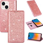 Apple iPhone 15 Glitter Telefoonhoesje - Hoogwaardig PU Leren Bookcase - Pasjeshouder - Licht Roze