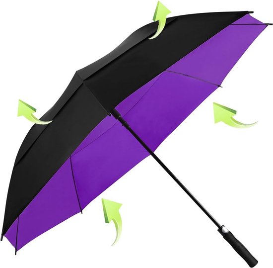 Parapluie résistant aux tempêtes, grand parapluie de golf 158 cm, double auvent, ouverture automatique, soleil, pluie et coupe-vent, grand parapluie de golf pour homme et femme, Zwart/violet
