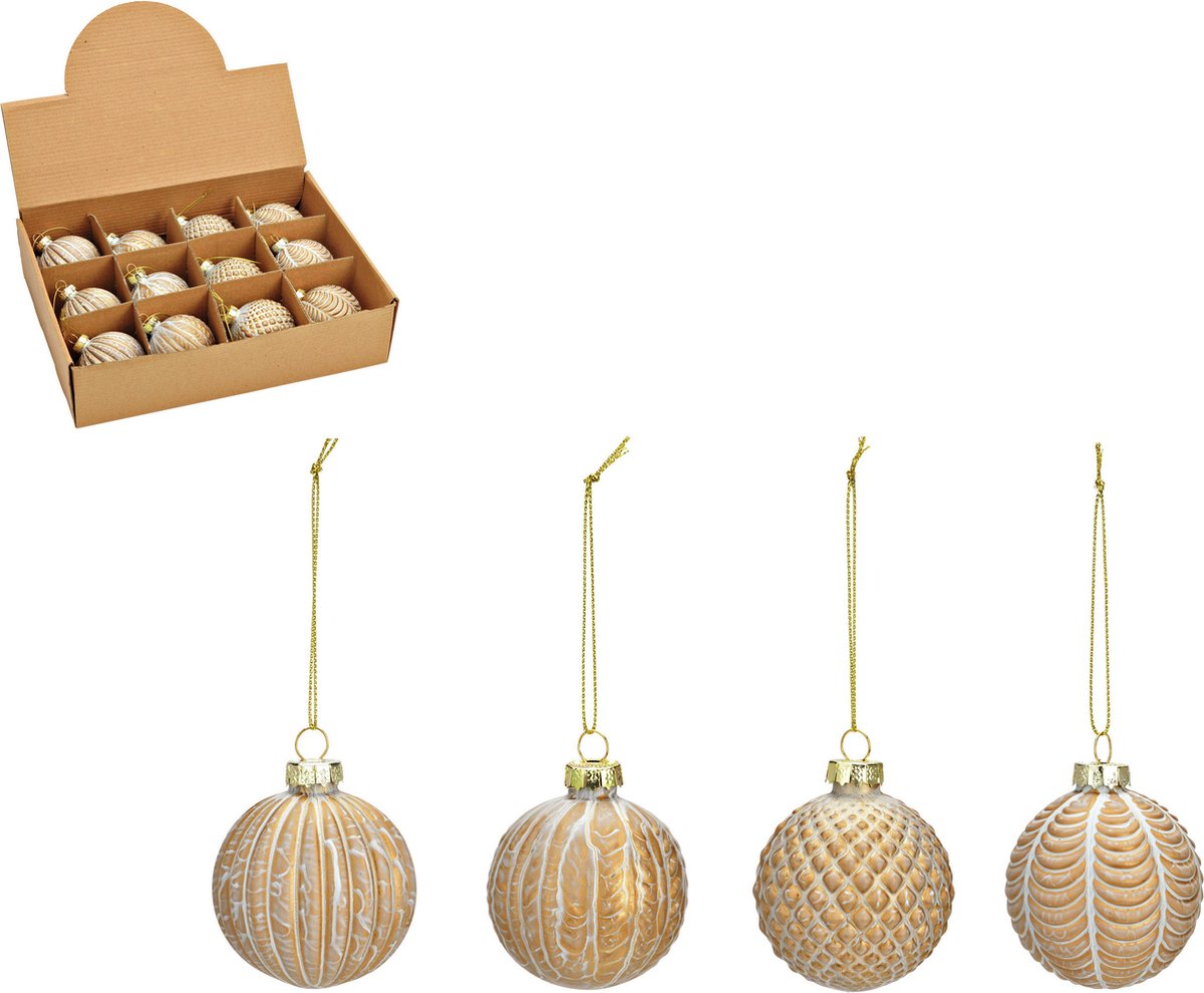 G. Wurm luxe gedecoreerde kerstballen - 12x stuks - champagne - glas - 6 cm