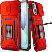 Podec Hoesje geschikt voor iPhone 13 Rood Telefoonhoesje - Anti-Shock Case Cover Hybrid Armor Hoes met Kickstand Ring met Screenprotector