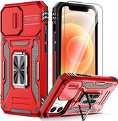 Podec Hoesje geschikt voor iPhone 12 Rood Telefoonhoesje - Anti-Shock Case Cover Hybrid Armor Hoes met Kickstand Ring met Screenprotector