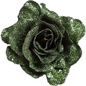 Groene roos met glitters op clip 10 cm - kerstversiering