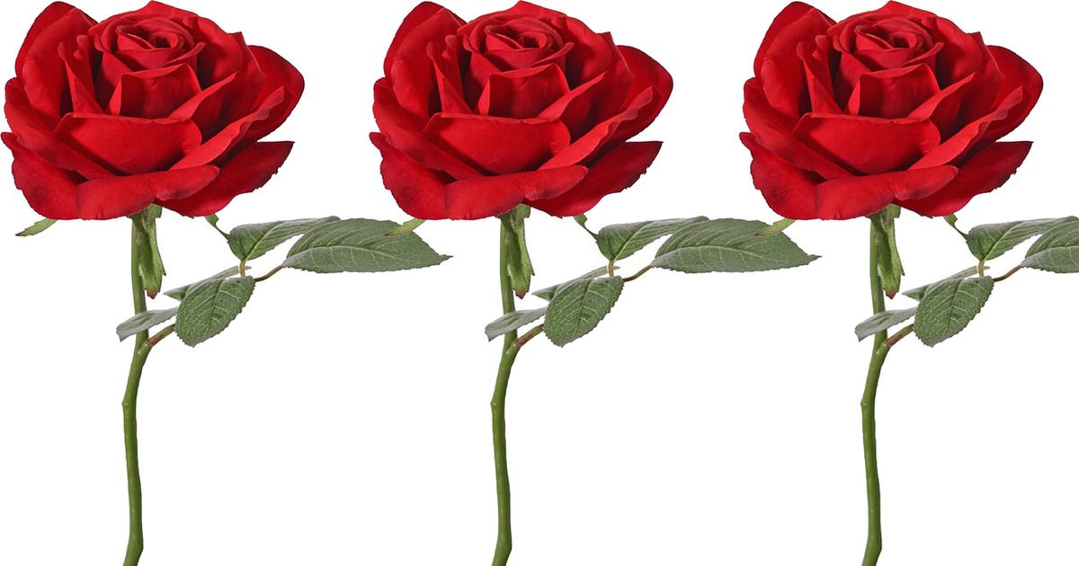 Top Art Kunstbloem Roos de luxe - 3x - rood - 30 cm - kunststof steel - decoratie bloemen