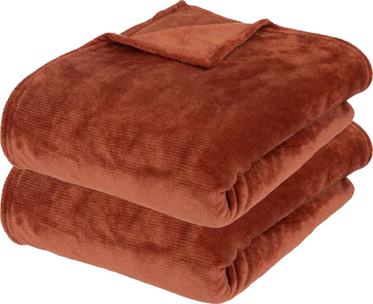Atmosphera fleece deken/fleeceplaid - 2x - terracotta - 180 x 230 cm - polyester - Molton Bankdeken Terracotta bruin