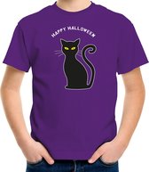 Bellatio Decorations halloween verkleed t-shirt kinderen - zwarte kat - paars - themafeest outfit 140/152
