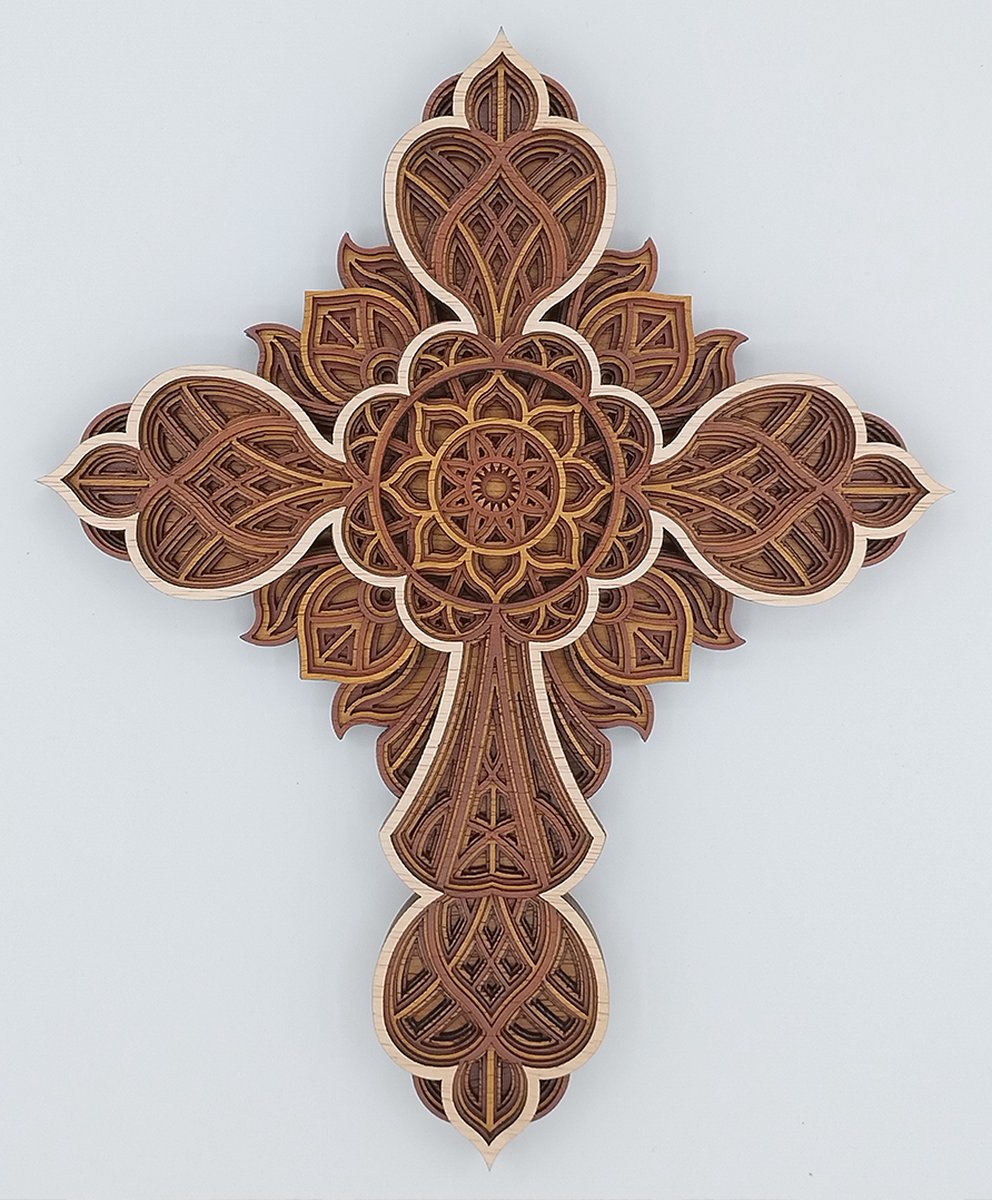 Handgemaakte duurzame 3D-gelaagde kruis Mandala Groot Bruin