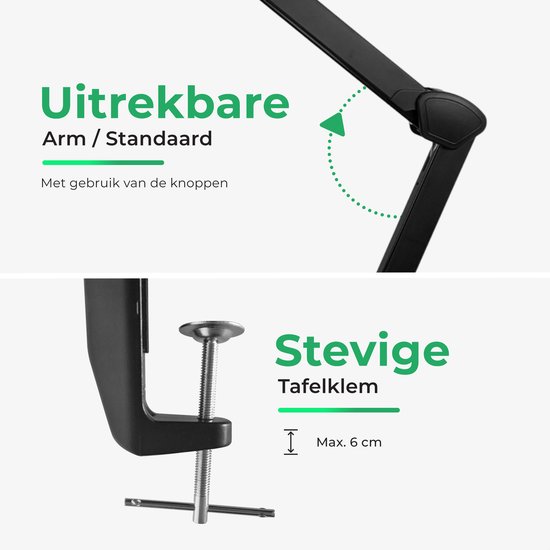 Verstelbare arm en stevige tafelklem voor bureaulamp, max. 6 cm dikte.