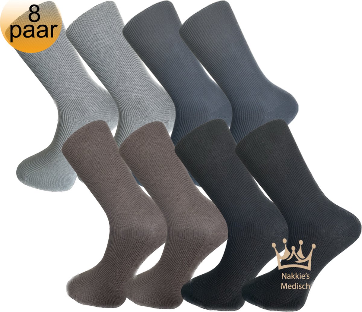 Medische sokken - 100% katoen - 8 paar - Maat 43/46 - Grijs, Antraciet, Bruin en Zwart