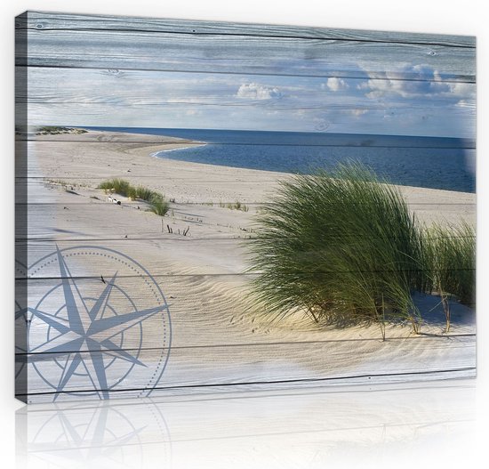 Canvas Schilderij - Duinen - Strand - Hout - Gras - Zee - Oceaan - Water - Wolken - Inclusief Frame - 60x40cm (lxb)