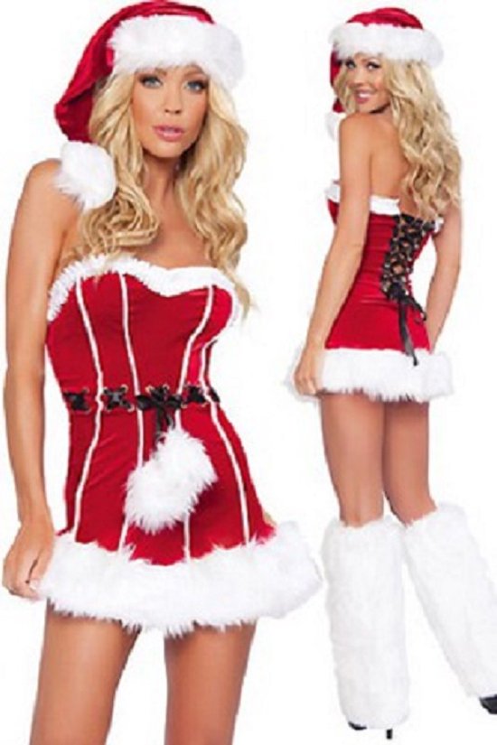 Tibri 114 - Rood kerstjurkje Flirty Dance - Maat M - 3-delig - Inclusief kerstmuts en beenwarmers - Kerstjurkjes - Kerstpakje - Sexy kerstpakje - Sexy kerstkostuum