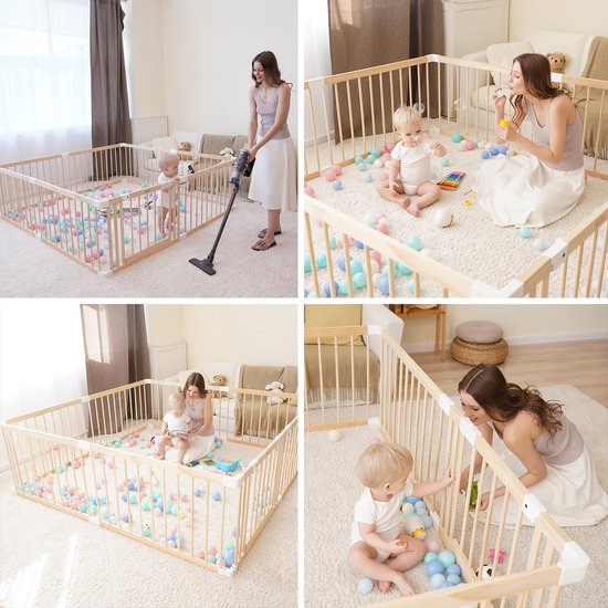 Collage van vier beelden van een houten babybox, een vrouw en spelende kinderen.