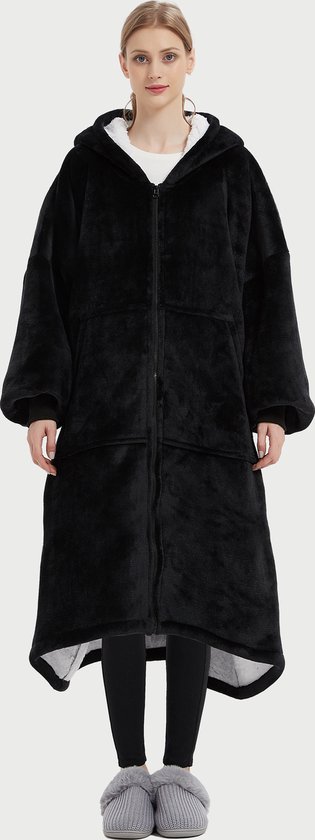 Couverture à capuche Extra longue avec fermeture éclair - Polaire Sherpa de haute qualité - West - 120 cm - Femme Zwart
