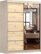 Zweefdeurkast Kledingkast met Spiegel Garderobekast met planken en kledingstang, decoratieve afwerking aan de voorkant: 150x200x61 cm - Beni 05 new (Sonoma + Artisan, 150)