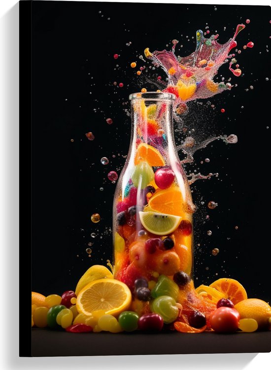 Canvas - Fles - Eten - Fruit - Spetters - Kleuren - 40x60 cm Foto op Canvas Schilderij (Wanddecoratie op Canvas)