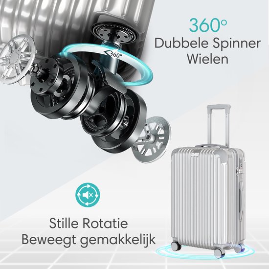 Zilveren koffer met 360° dubbele spinner wielen voor stille, gemakkelijke rotatie.