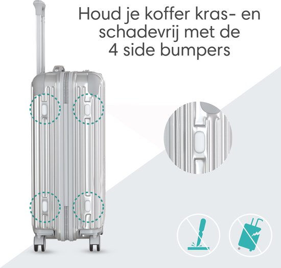 Zilveren koffer met 4 side bumpers om krassen en schade te voorkomen.